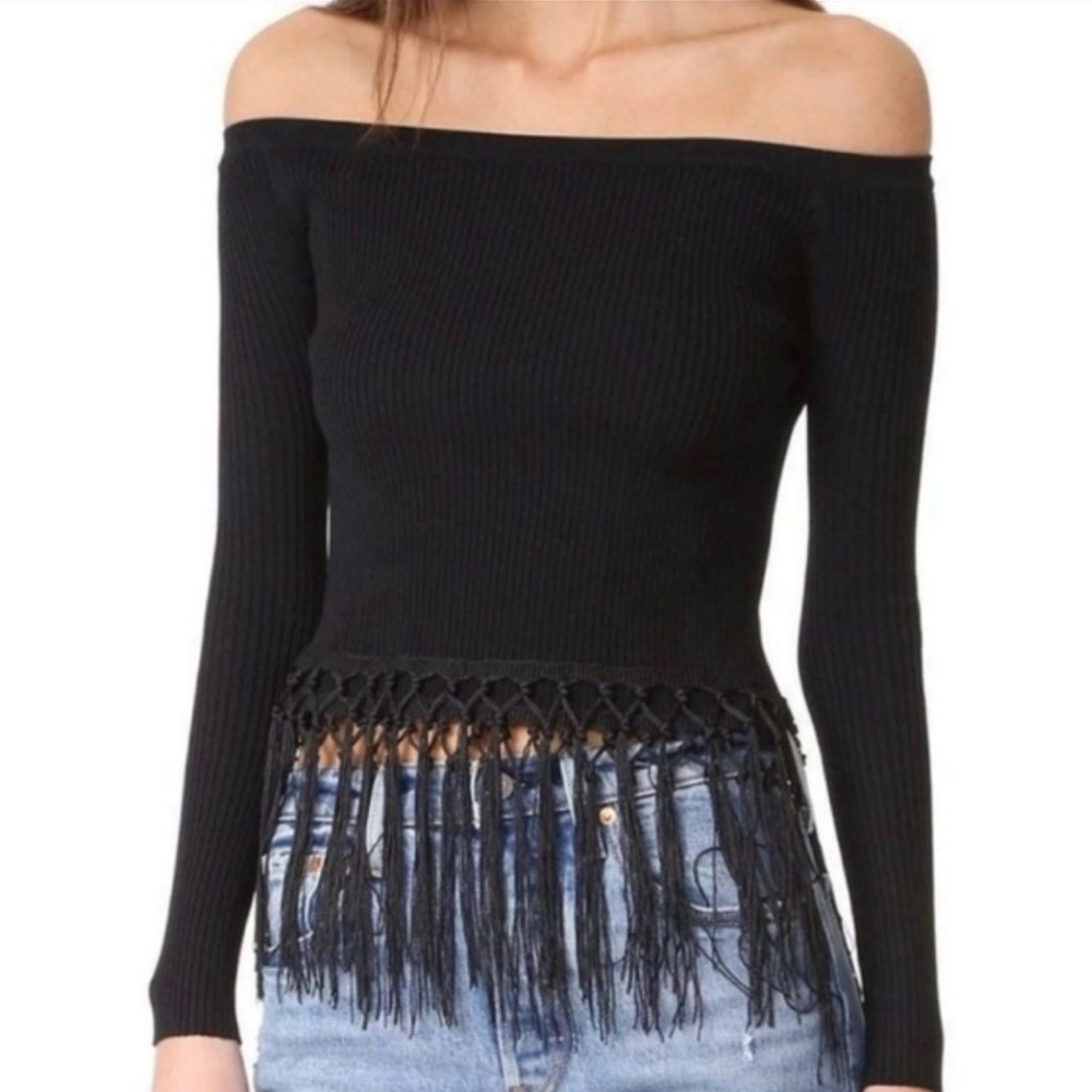Gianni Bini Black Off-Shoulder Fringe Top